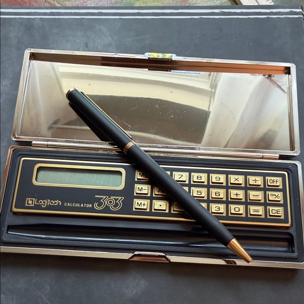 Logitech Black Gold Executive Calculator & Pen 303 Set Vintage In Metal Case